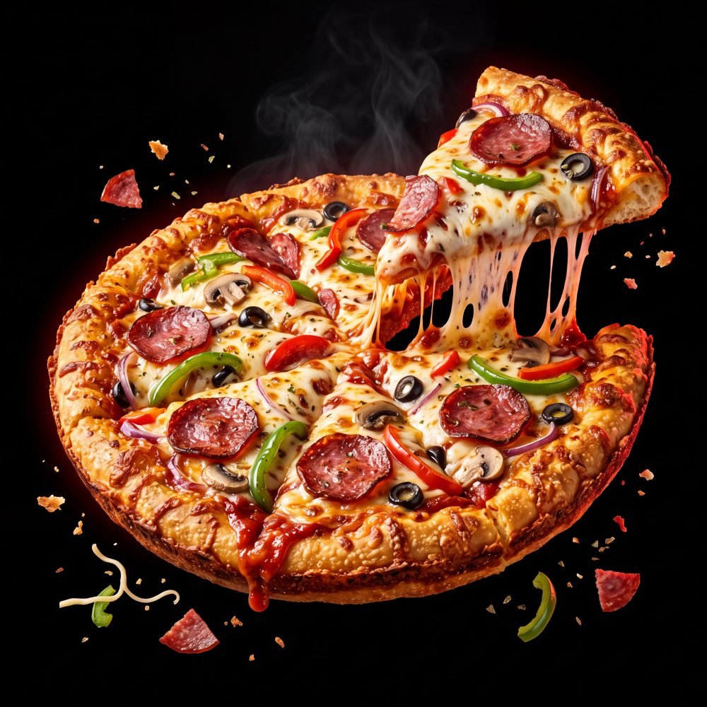 Supreme-Pizza mit Salami, Paprika, Pilzen, Oliven